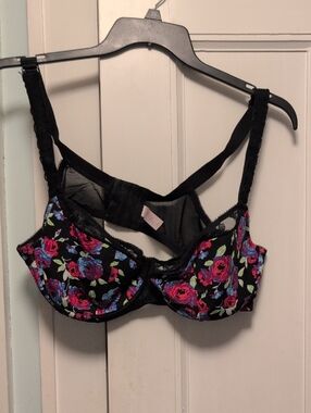 Cacique Black Underwire Bra with Pink & Blue Floral Print 44D